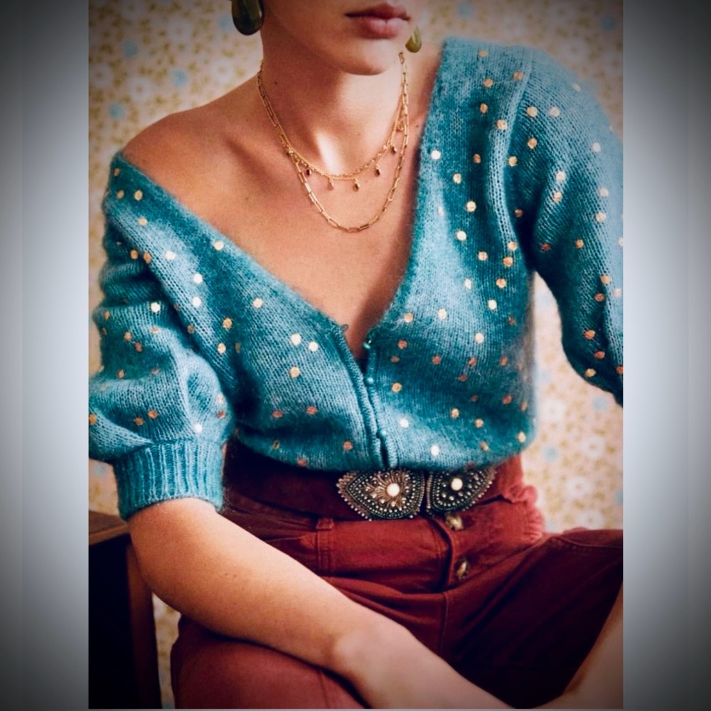 Sezane Blue Knit with Gold Polkadots